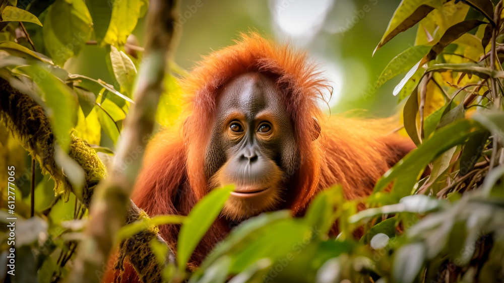 A Sumatran Orangutan on rainforest. Generative AI.