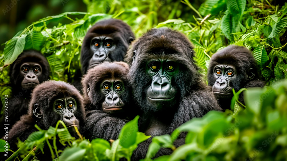 A Mountain Gorilla family in the jungle. Generative AI.