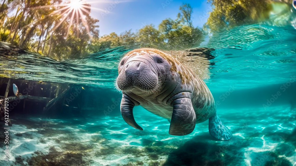 West Indian Manatee swimming underwater in a tropical sea. Generative AI.