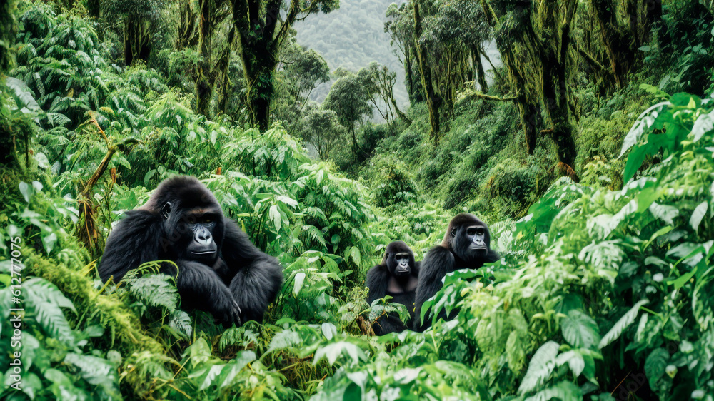 A Mountain Gorilla family in the rainforest. Generative AI.