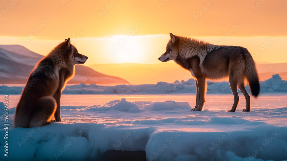 Two wild wolfs on the background of a beautiful sunset in Antarctica. Generative AI.