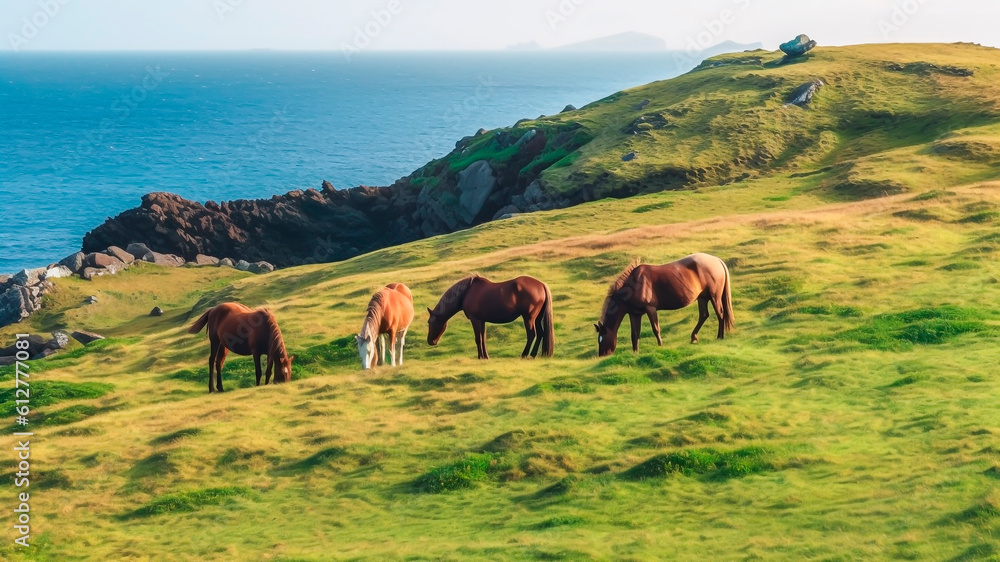 Wild Horses grazing on the coast of a island. Generative AI.