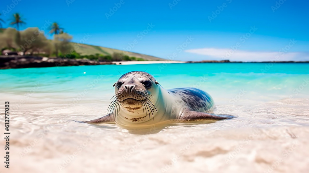 Hawaiian Monk Seal on the beach. Nature background. Generative AI.