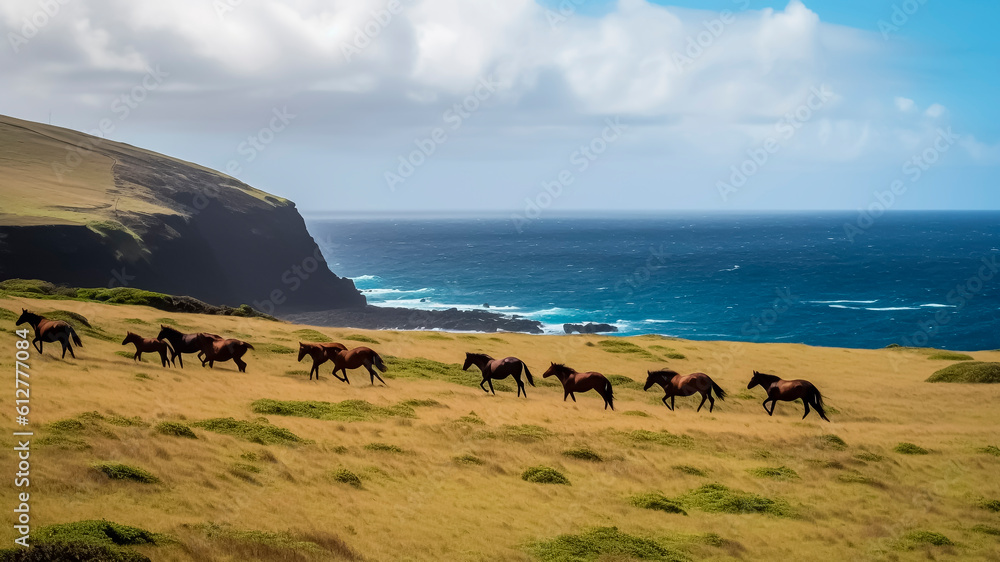 Wild Horses run free on the coast of a island. Generative AI.