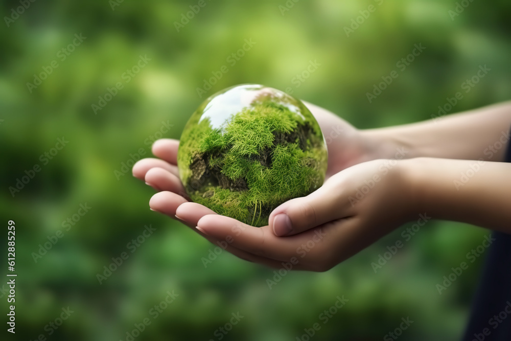 Holding a Green Earth in Hand in a Green Forest - Environmental Concept