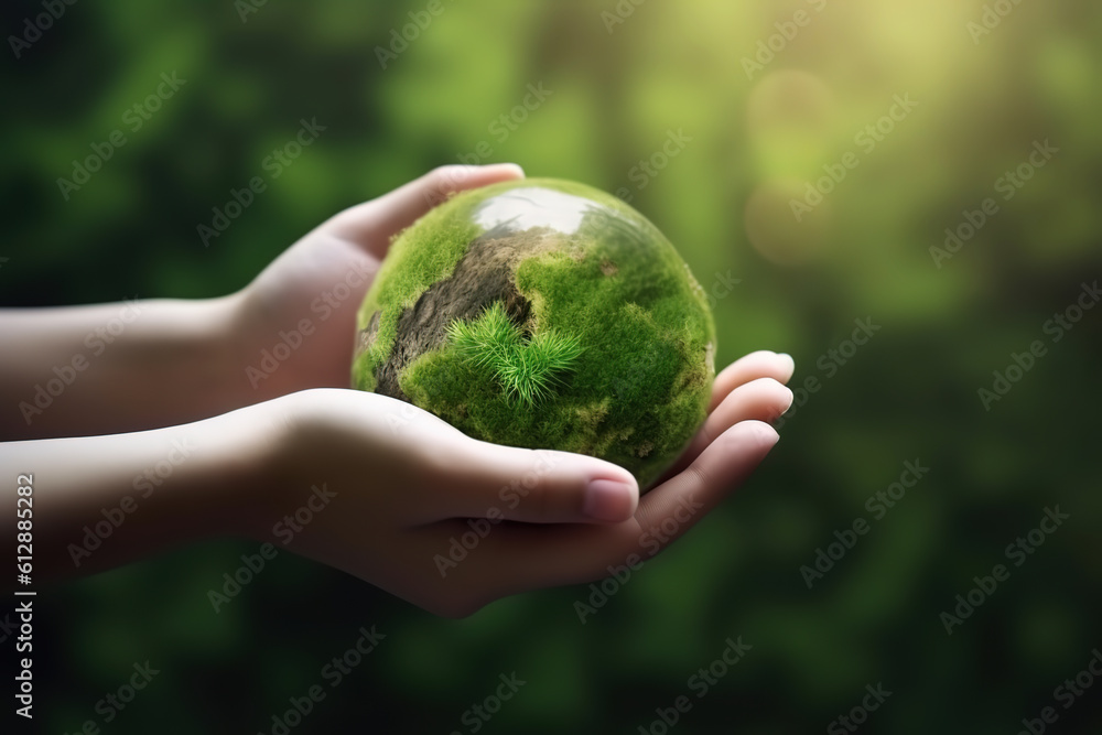 Holding a Green Earth in Hand in a Green Forest - Environmental Concept