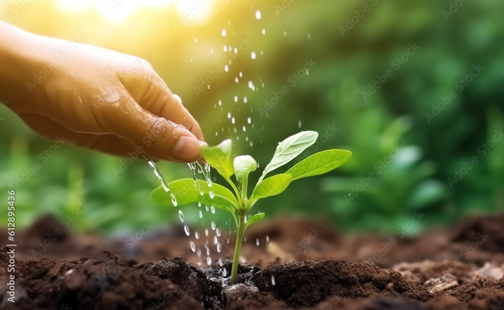 The concept of caring for a plant with one hand in a green background, natural plant seeding and gro