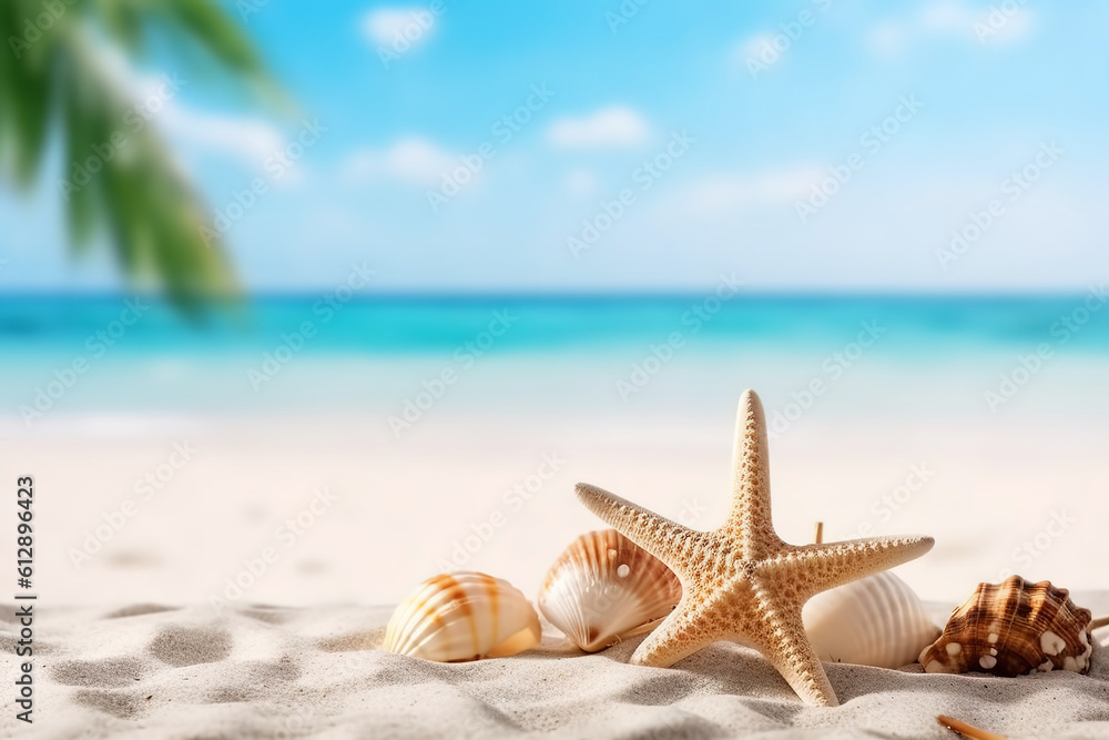 Vacation concept - starfish and seashells on the beach,