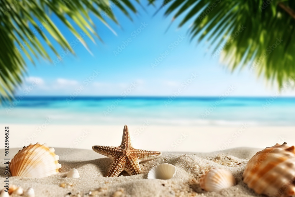 Vacation concept - starfish and seashells on the beach,