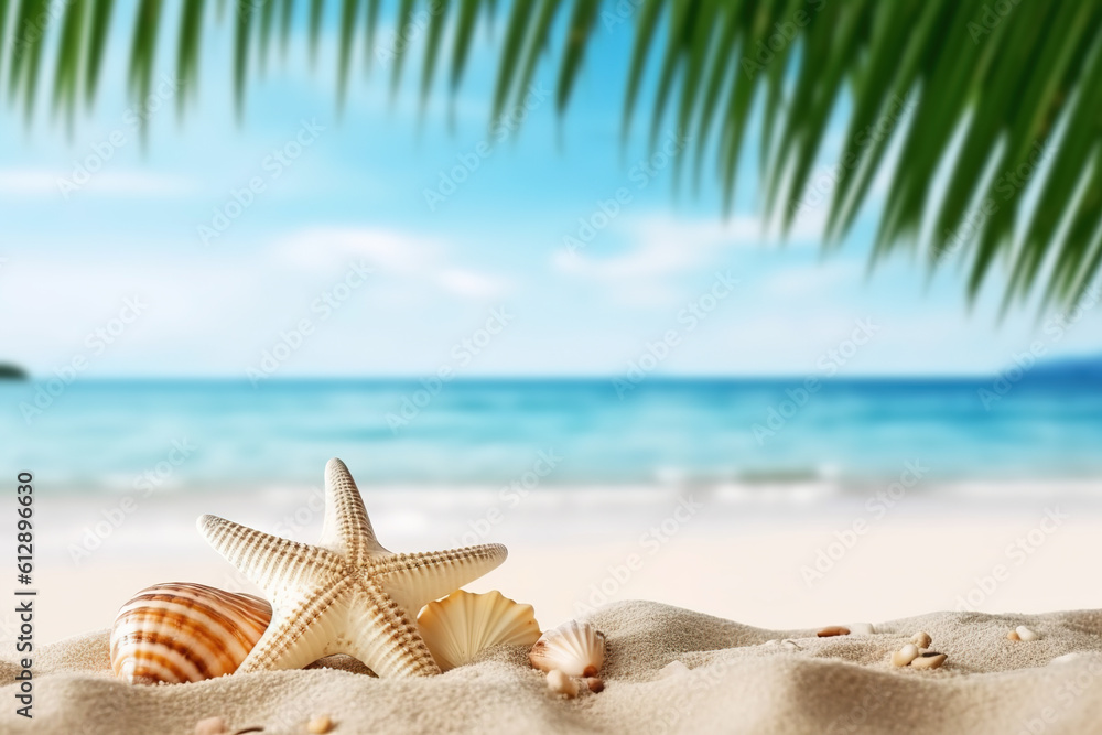 Vacation concept - starfish and seashells on the beach,