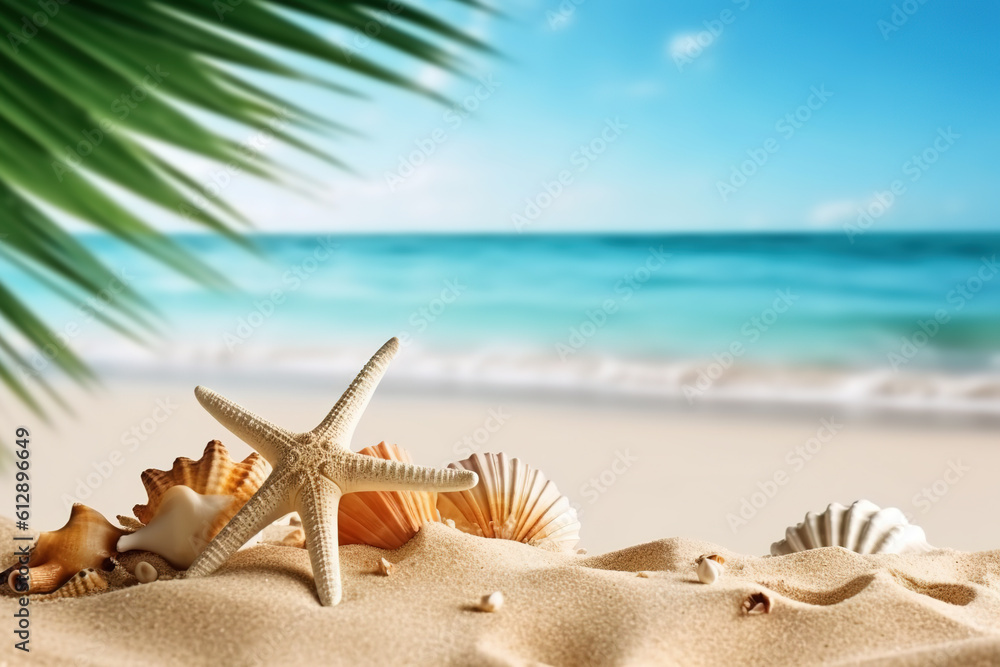 Vacation concept - starfish and seashells on the beach,