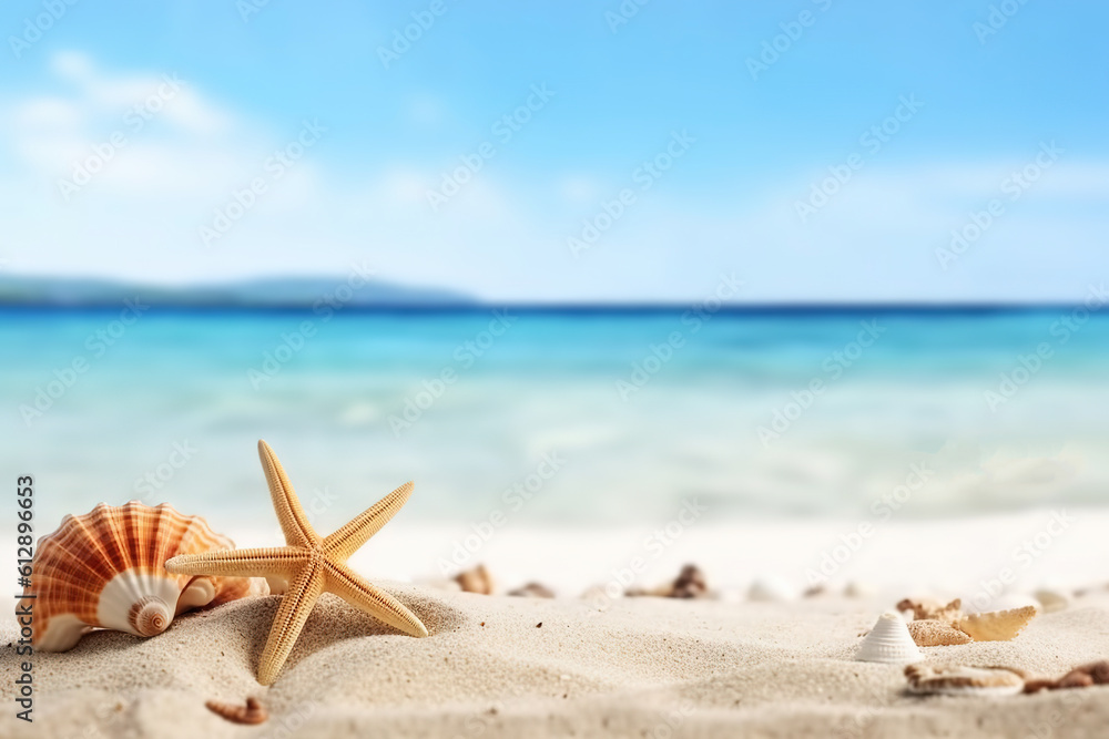 Vacation concept - starfish and seashells on the beach,