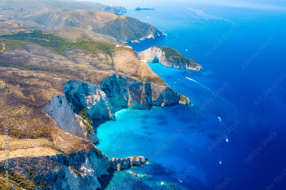 Aerial landscape from a drone. Azure sea water. Top view from a drone. Summer time for sea travel. Z