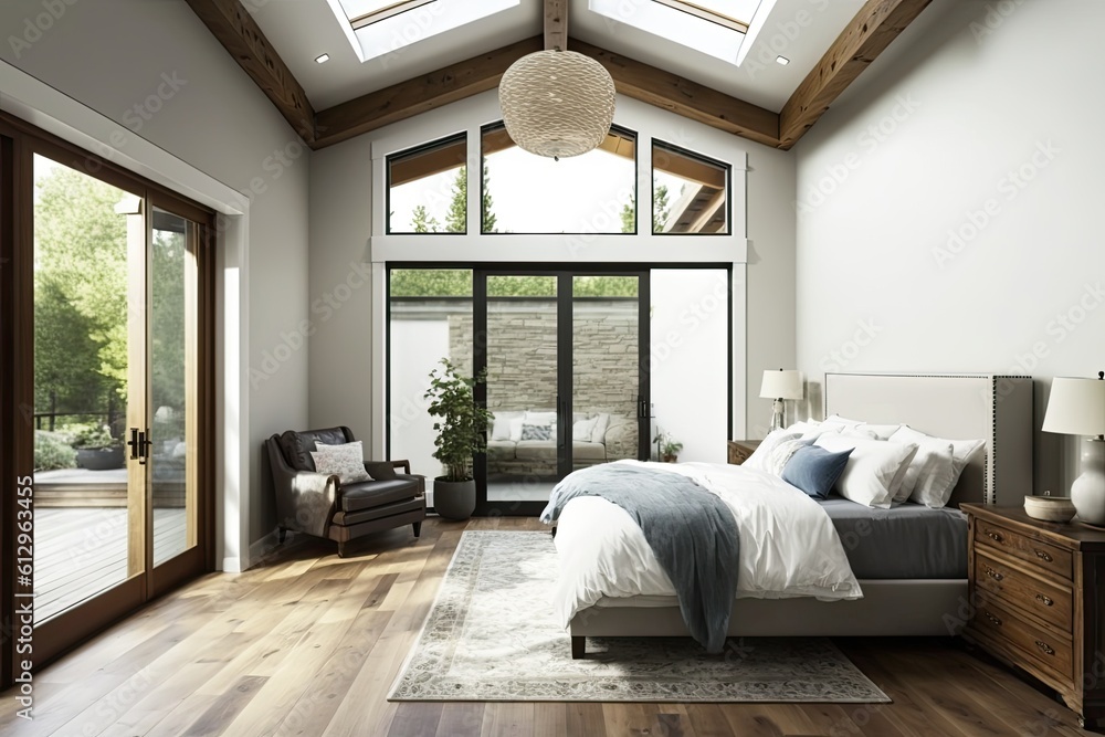 cozy bedroom with a spacious bed and natural light coming in through a skylight. Generative AI