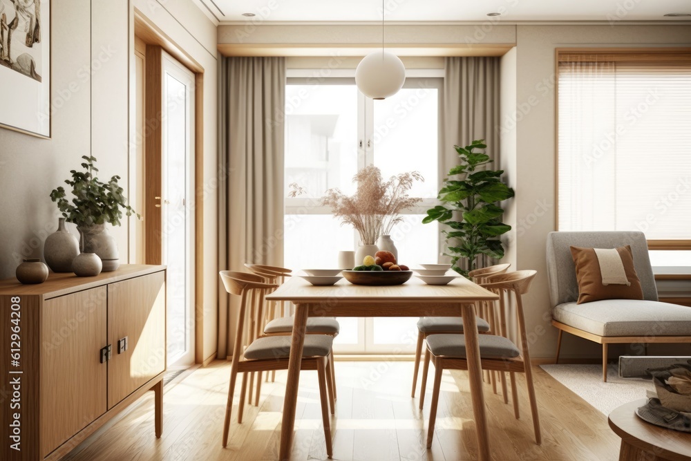 modern dining room with a sleek table and matching chairs. Generative AI