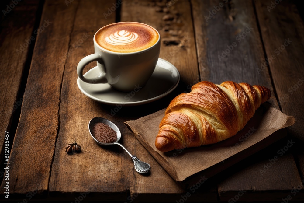 delicious breakfast with coffee and croissant on a rustic wooden table. Generative AI