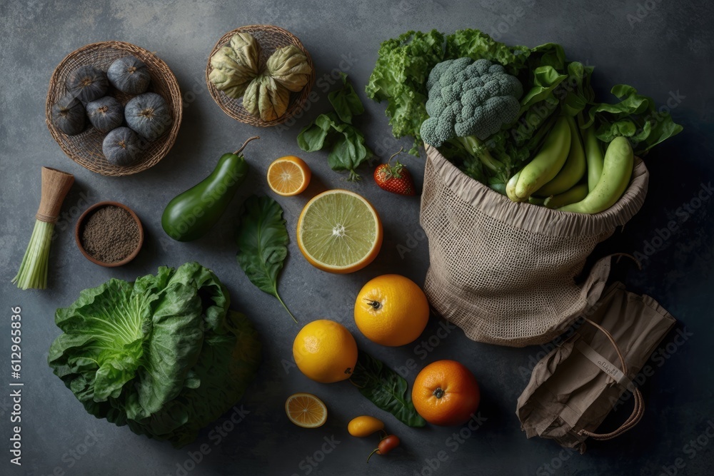 colorful assortment of fresh fruits and vegetables spilling out of a woven basket onto a wooden tabl