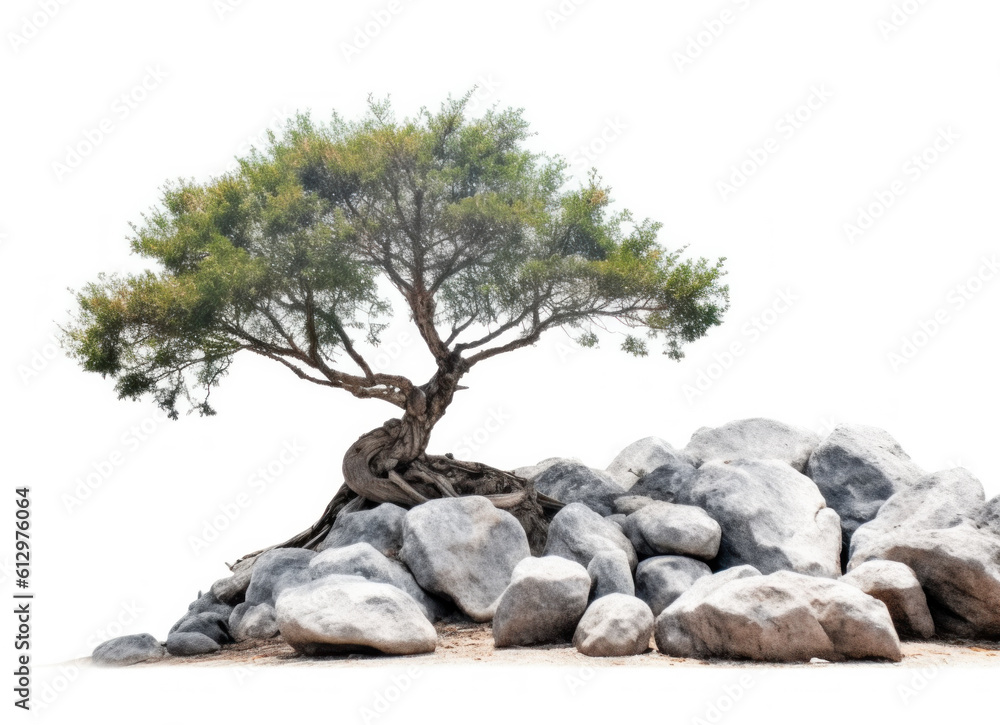 Tree and Rocks Isolated. Illustration AI Generative.