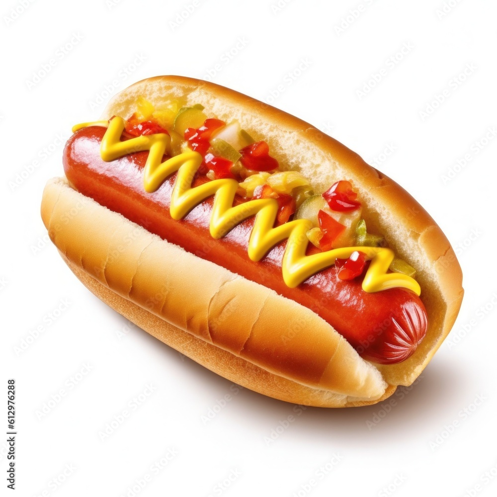 Hot Dog Isolated on white. Illustration AI Generative.