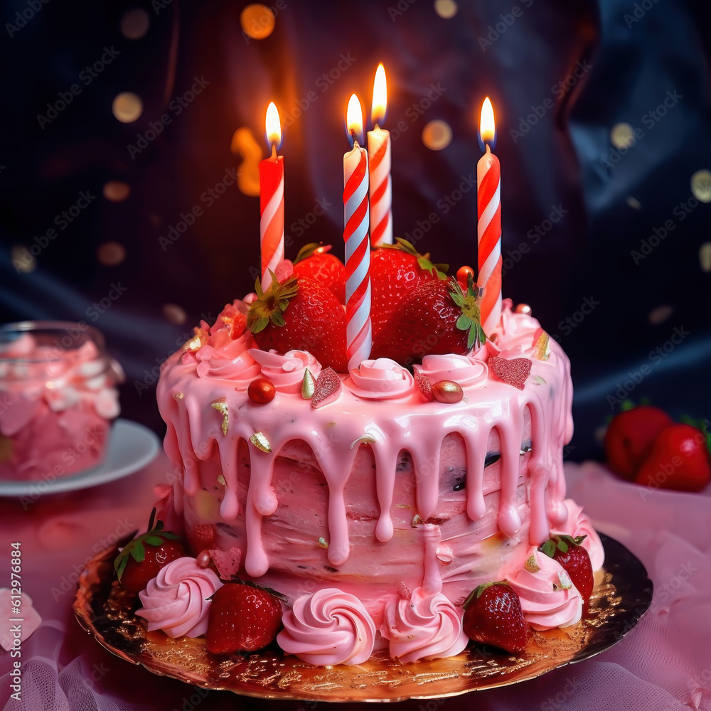 Pink Strawberry Birthday Cake. Illustration AI Generative.