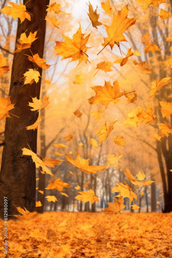 Autumn falling leaves background. Illustration AI Generative.