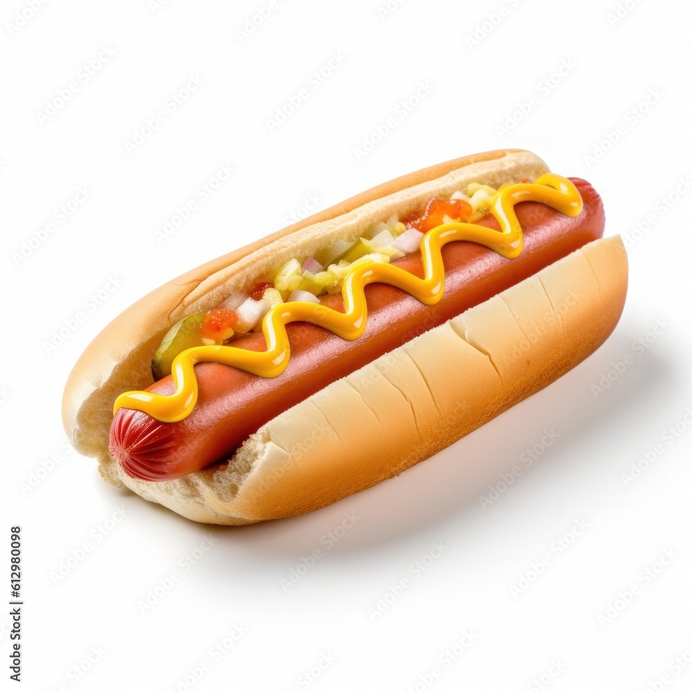 Hot Dog Isolated on white. Illustration AI Generative.