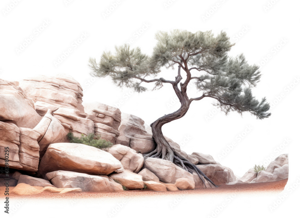 Tree and Rocks Isolated. Illustration AI Generative.