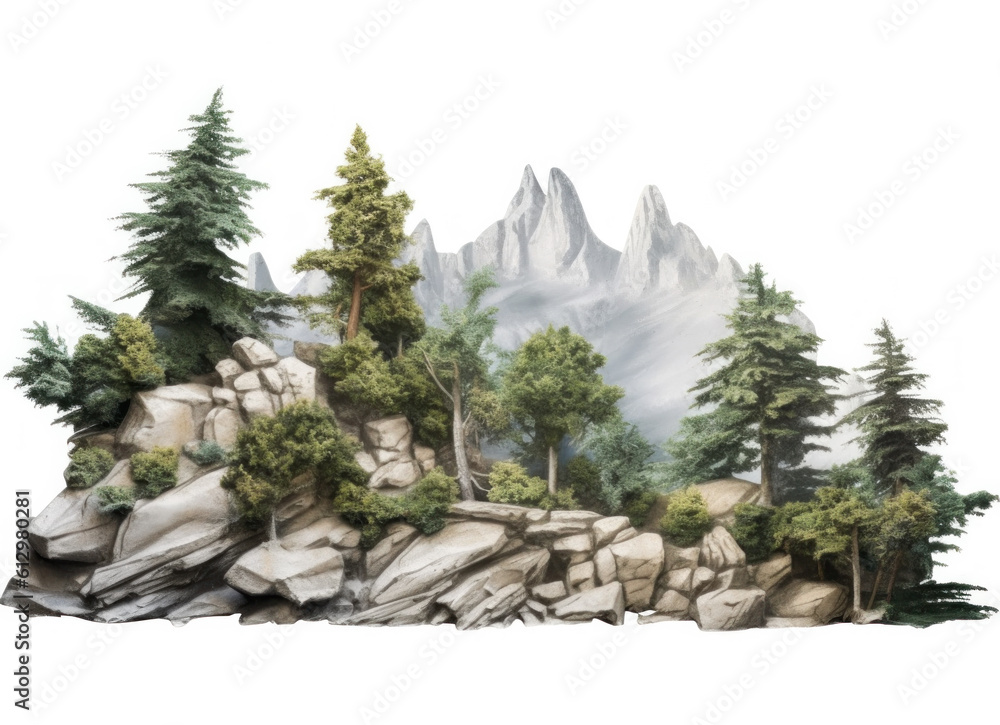 Tree and Rocks Isolated. Illustration AI Generative.