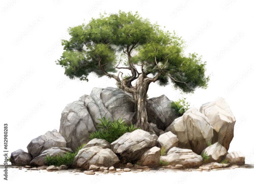 Tree and Rocks Isolated. Illustration AI Generative.