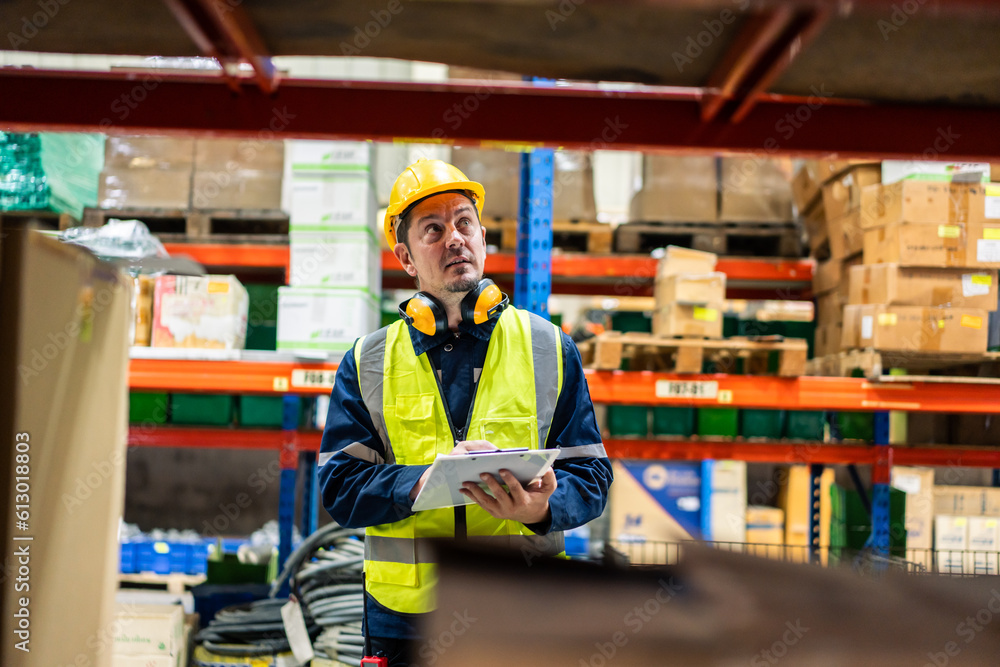 Caucasian attractive man industrial worker work in manufacturing plant. 