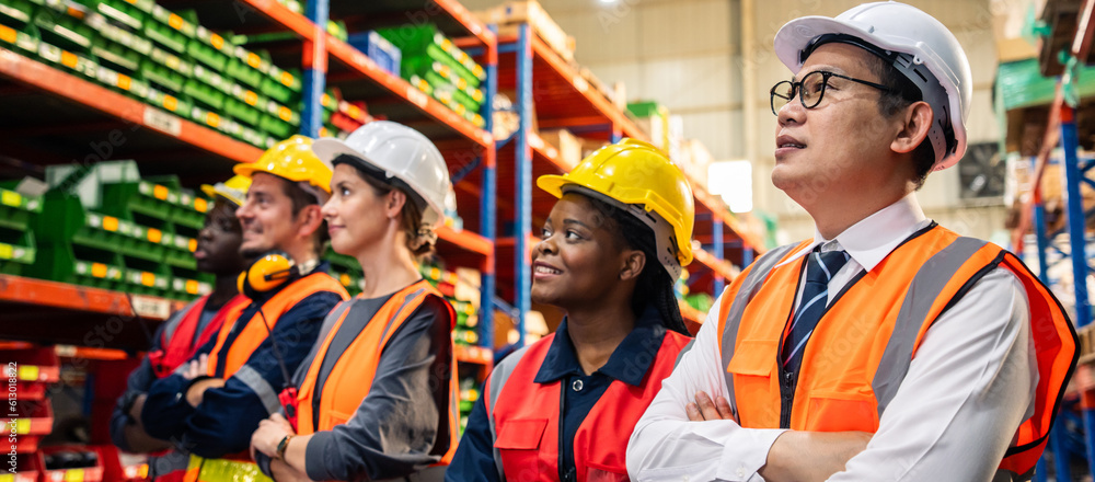 Portrait group of diverse industry worker working in factory warehouse.  