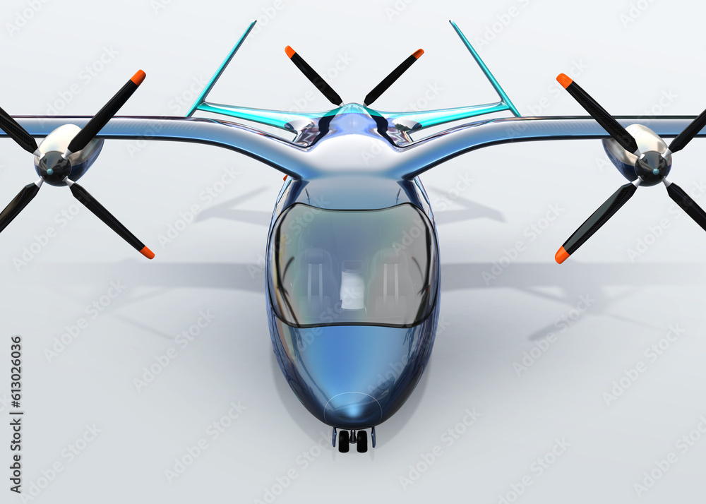 Front view of Electric VTOL passenger aircraft on the ground. Urban Passenger Mobility concept. 3D r