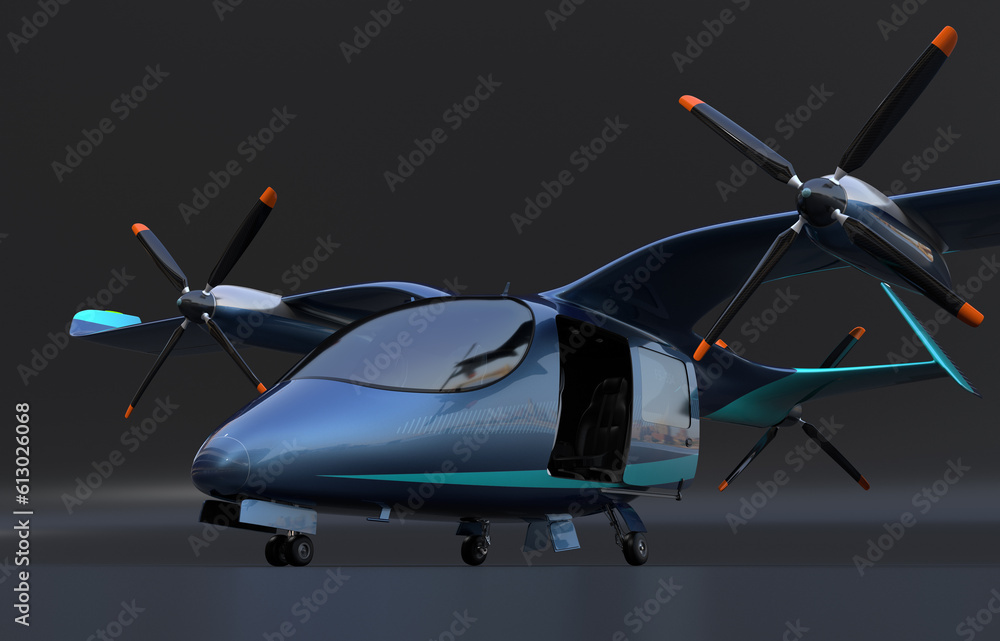 Blue Electric VTOL passenger aircraft on black background. Urban Passenger Mobility concept. 3D rend