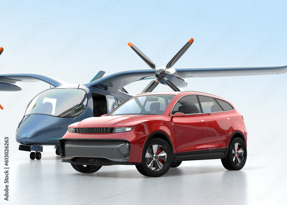 Electric SUV parking in front of an Electric VTOL passenger aircraft. Urban Passenger Mobility conce