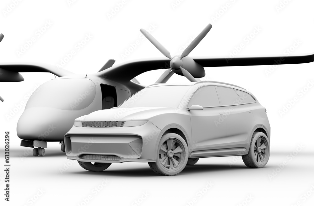 Clay rendering of an Electric SUV parking in front of an Electric VTOL passenger aircraft. 3D render