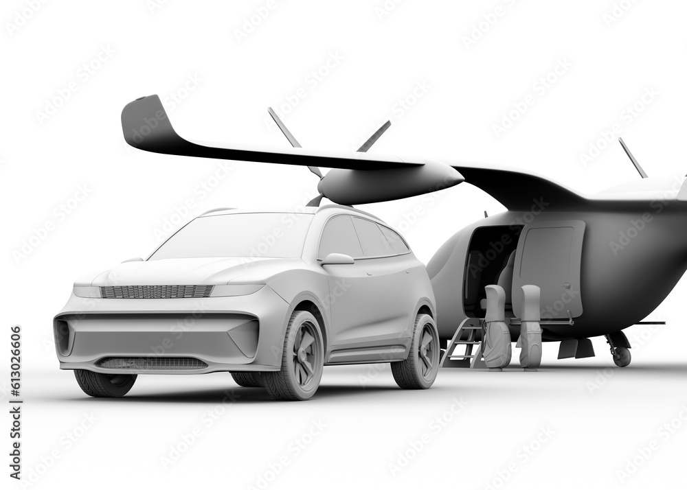 Clay rendering of an Electric SUV parking in front of an Electric VTOL passenger aircraft. 3D render