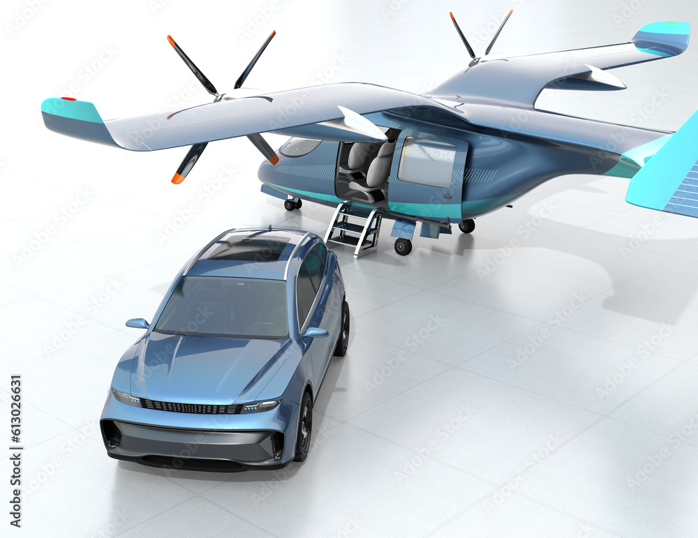 Electric SUV parking in front of an Electric VTOL passenger aircraft. Urban Passenger Mobility conce