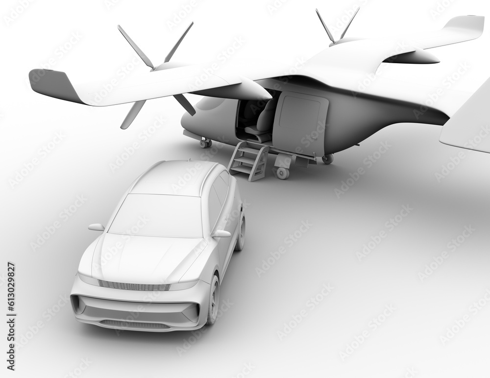 Clay rendering of an Electric SUV parking in front of an Electric VTOL passenger aircraft. 3D render