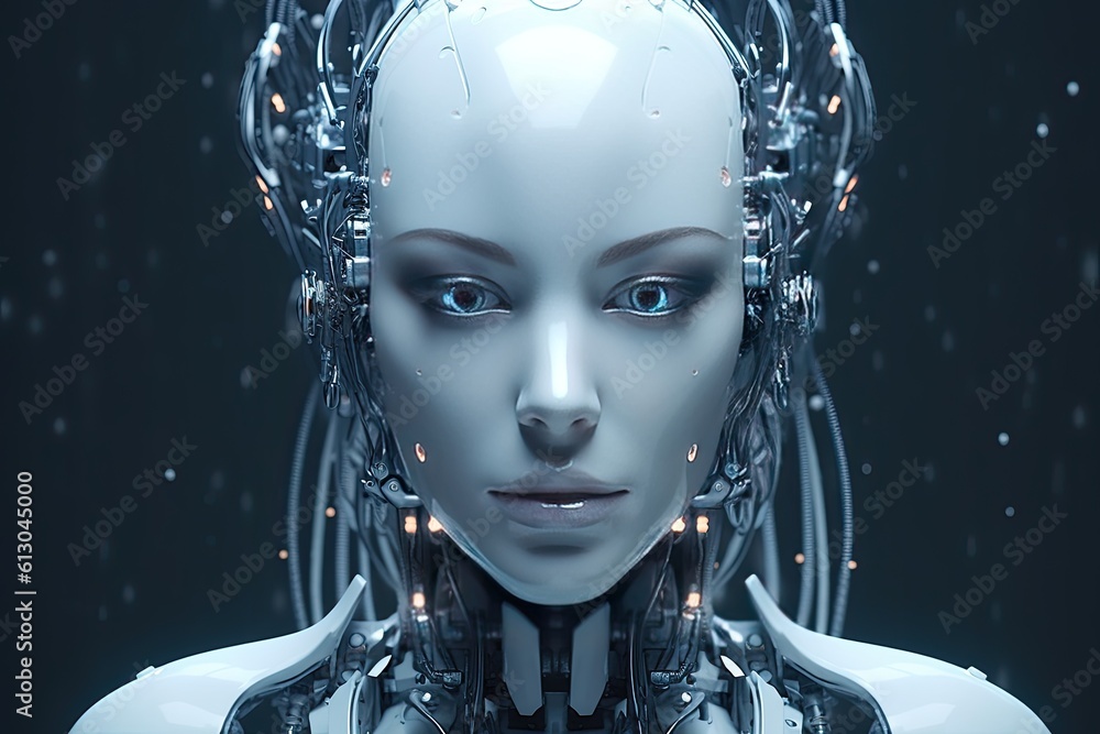 Ai. Female robot face of Artificial intelligence. Generative AI..