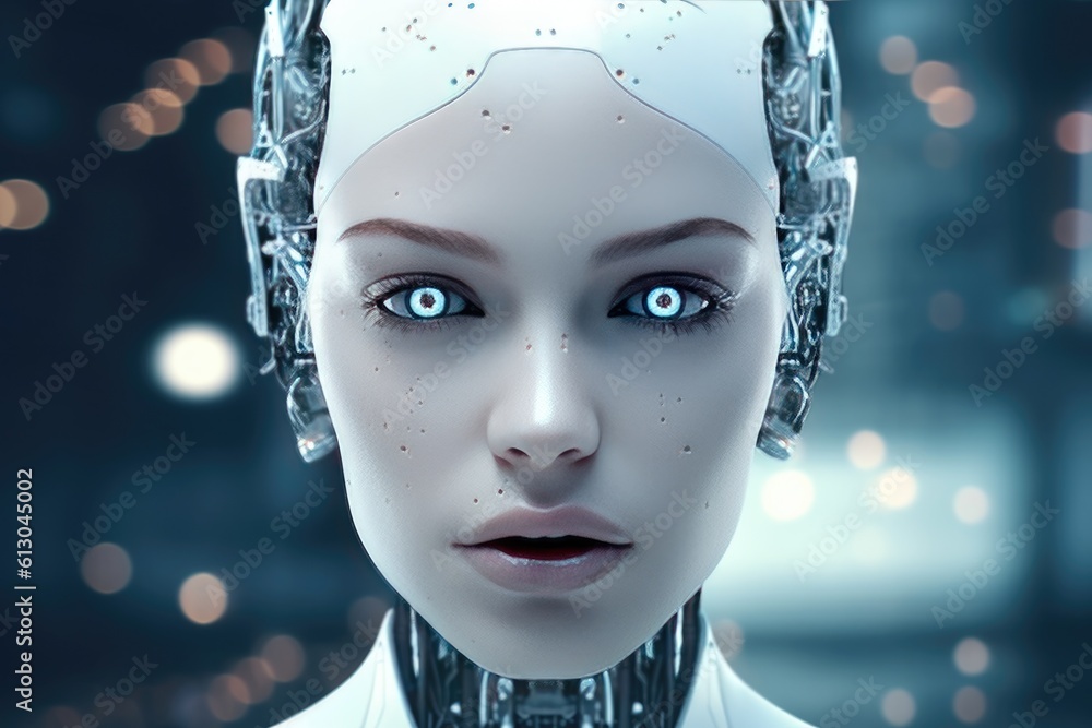 Ai. Female robot face of Artificial intelligence. Generative AI..