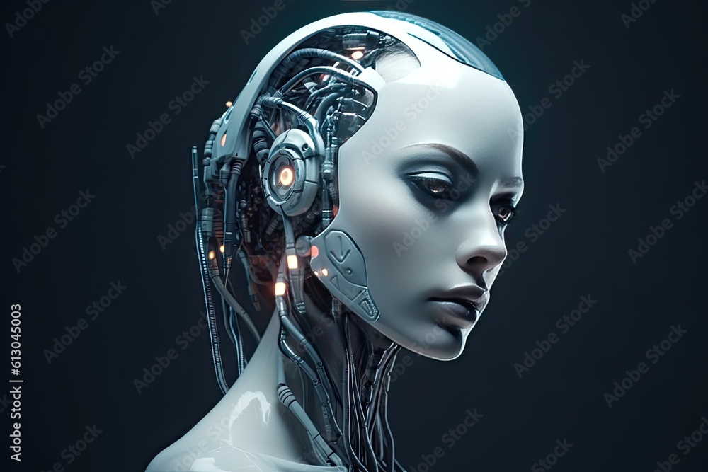 Ai. Female robot face of Artificial intelligence. Generative AI..