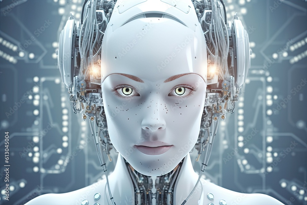 Ai. Female robot face of Artificial intelligence. Generative AI..