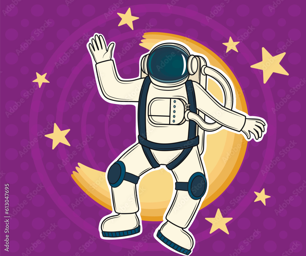 Astronaut, moon and stars on magenta background