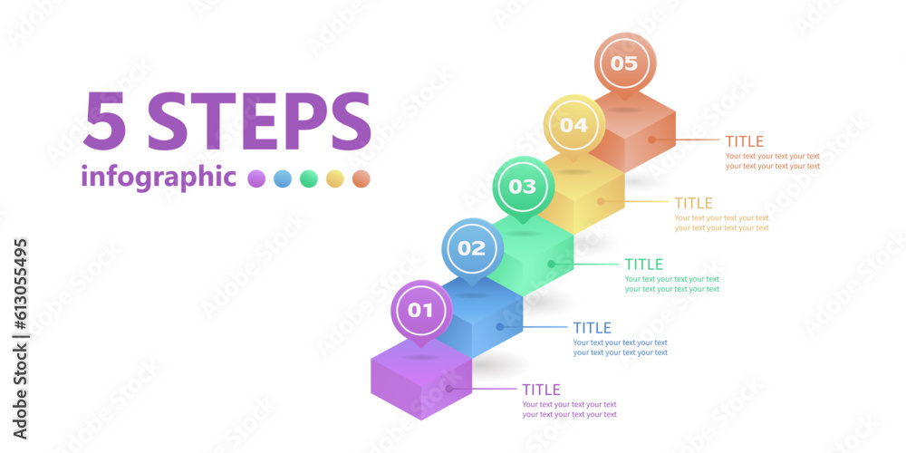 Business infographic in the form of a ladder of 5 steps going up. 3 D. Vector illustration.