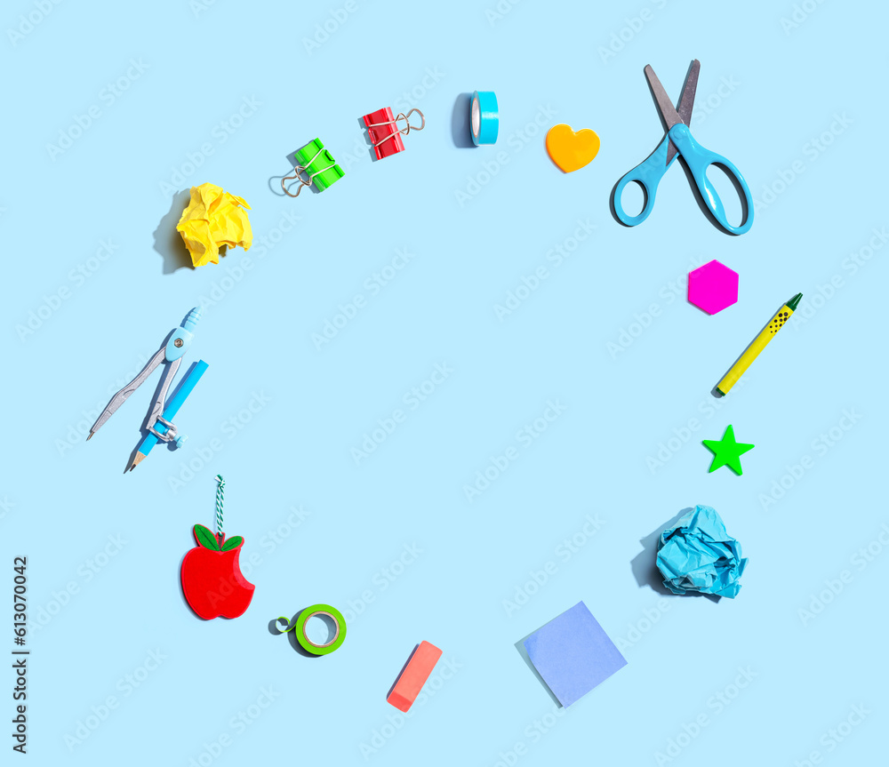 Collection of school supplies overhead view - flat lay