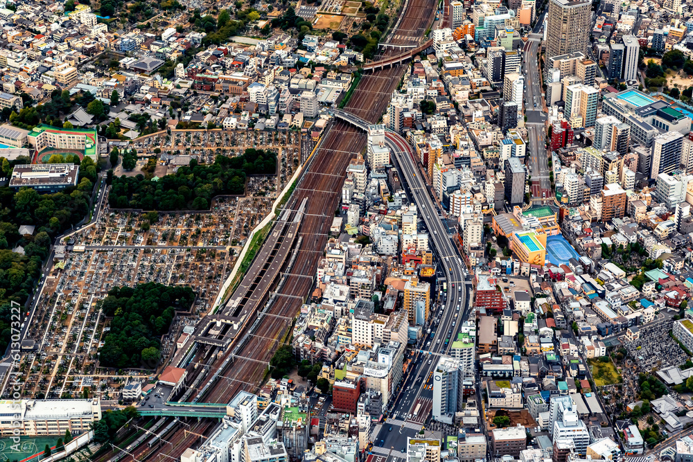 Aerial view of train tracks in Ueno Tokyo, Japan