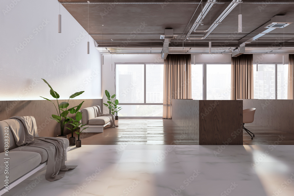 Luxury concrete and wooden coworking office interior with panoramic windows and daylight. 3D Renderi