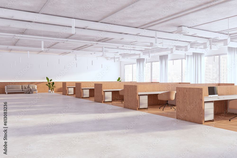 Contemporary bright concrete and wooden coworking office interior with panoramic windows and dayligh