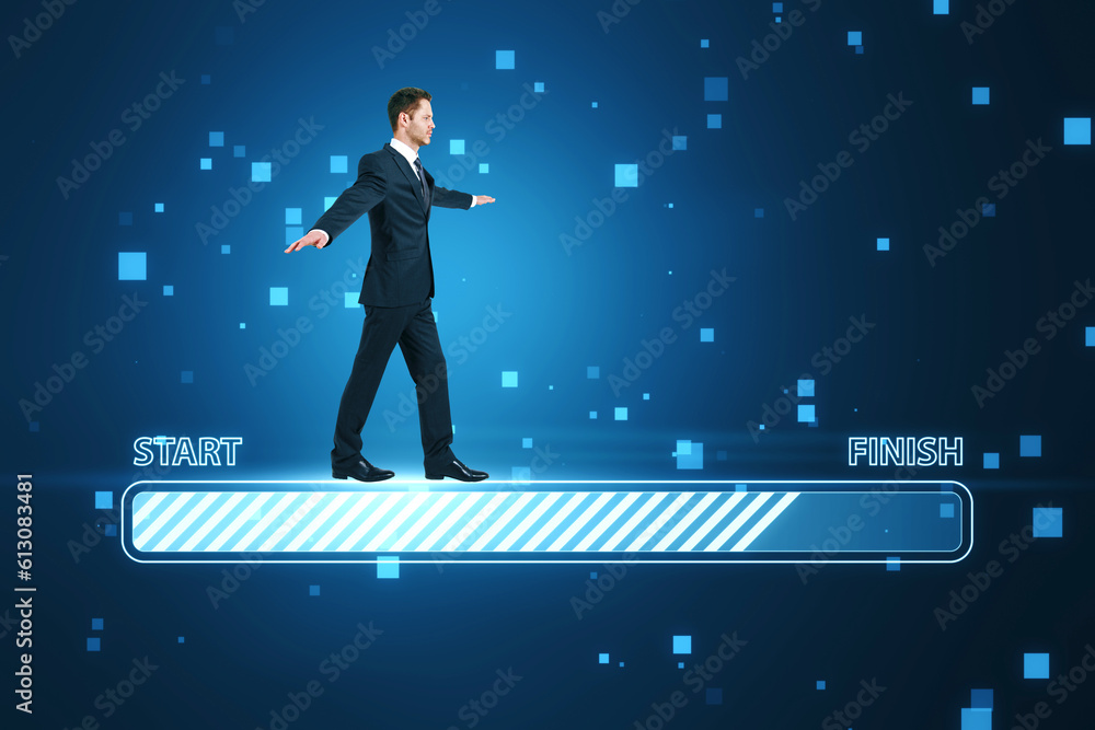 Time running out, deadline and time management concept with businessman walks balancing on loading b