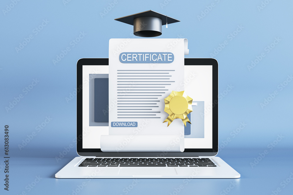 E-learning platform and online courses concept with front view on qualification certificate with gol